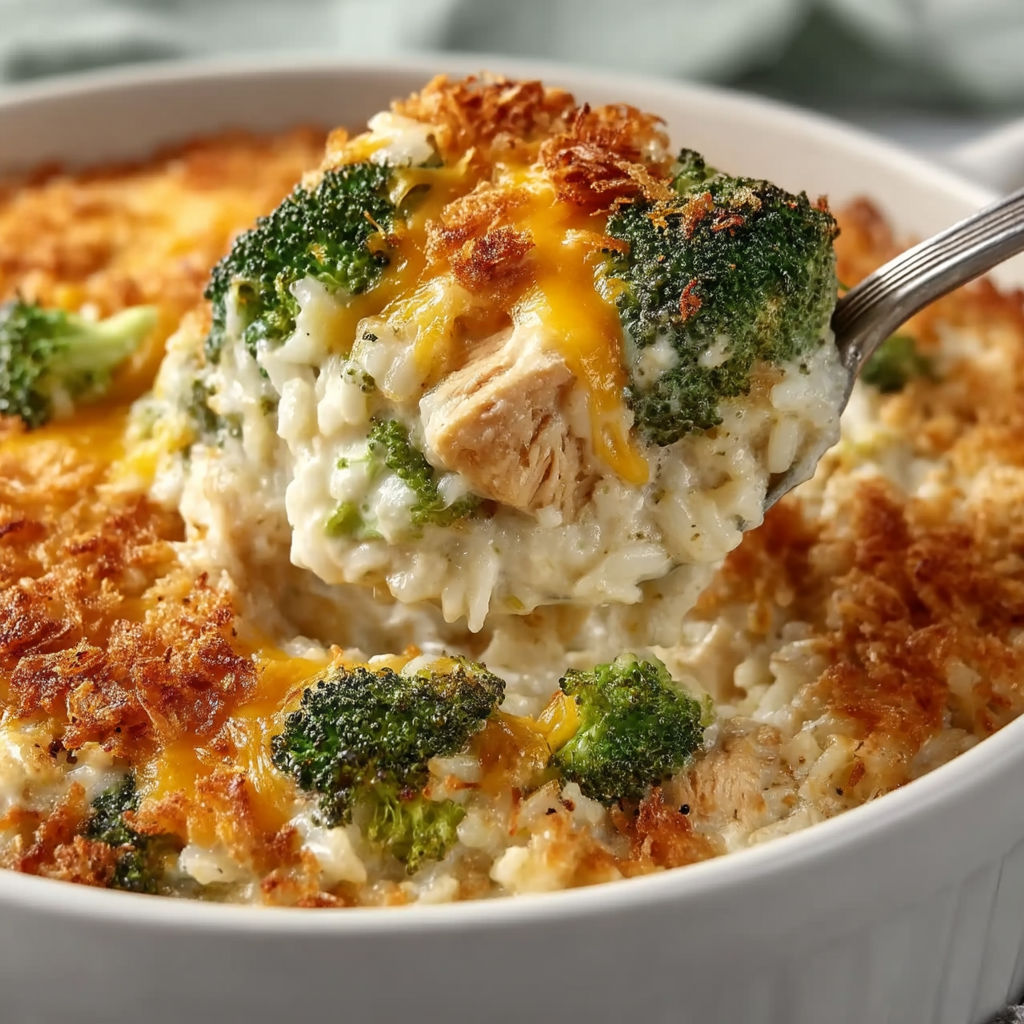A close up of a cheesy chicken broccoli rice casserole.
