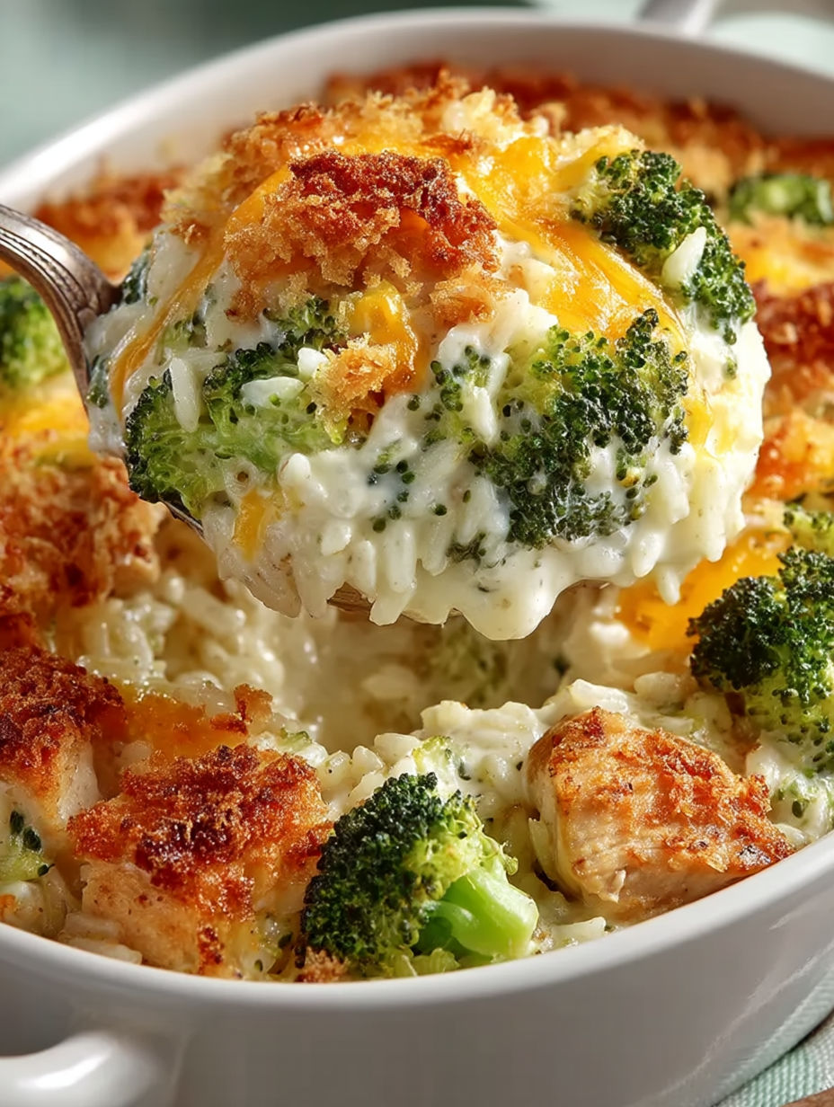 A close up of a cheesy chicken broccoli rice casserole.