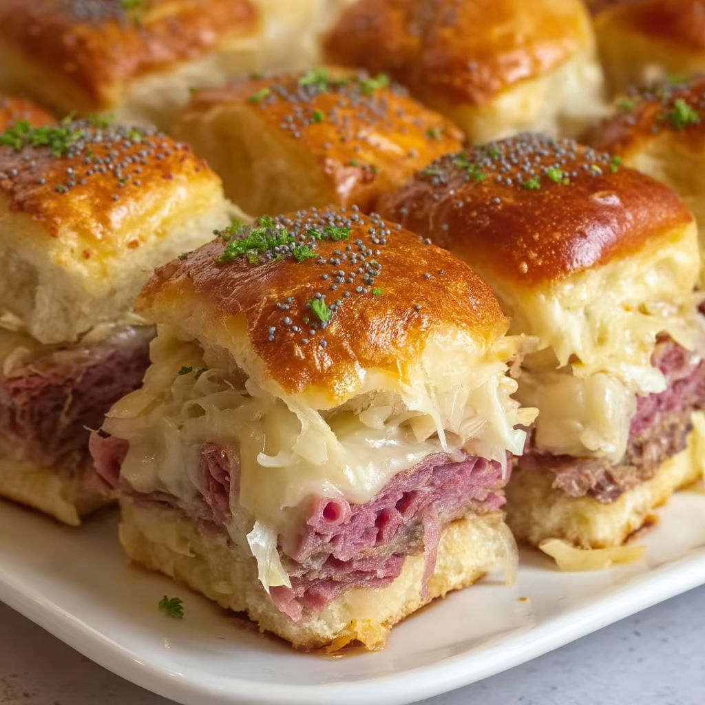 A plate of Reuben Corned Beef Sliders.