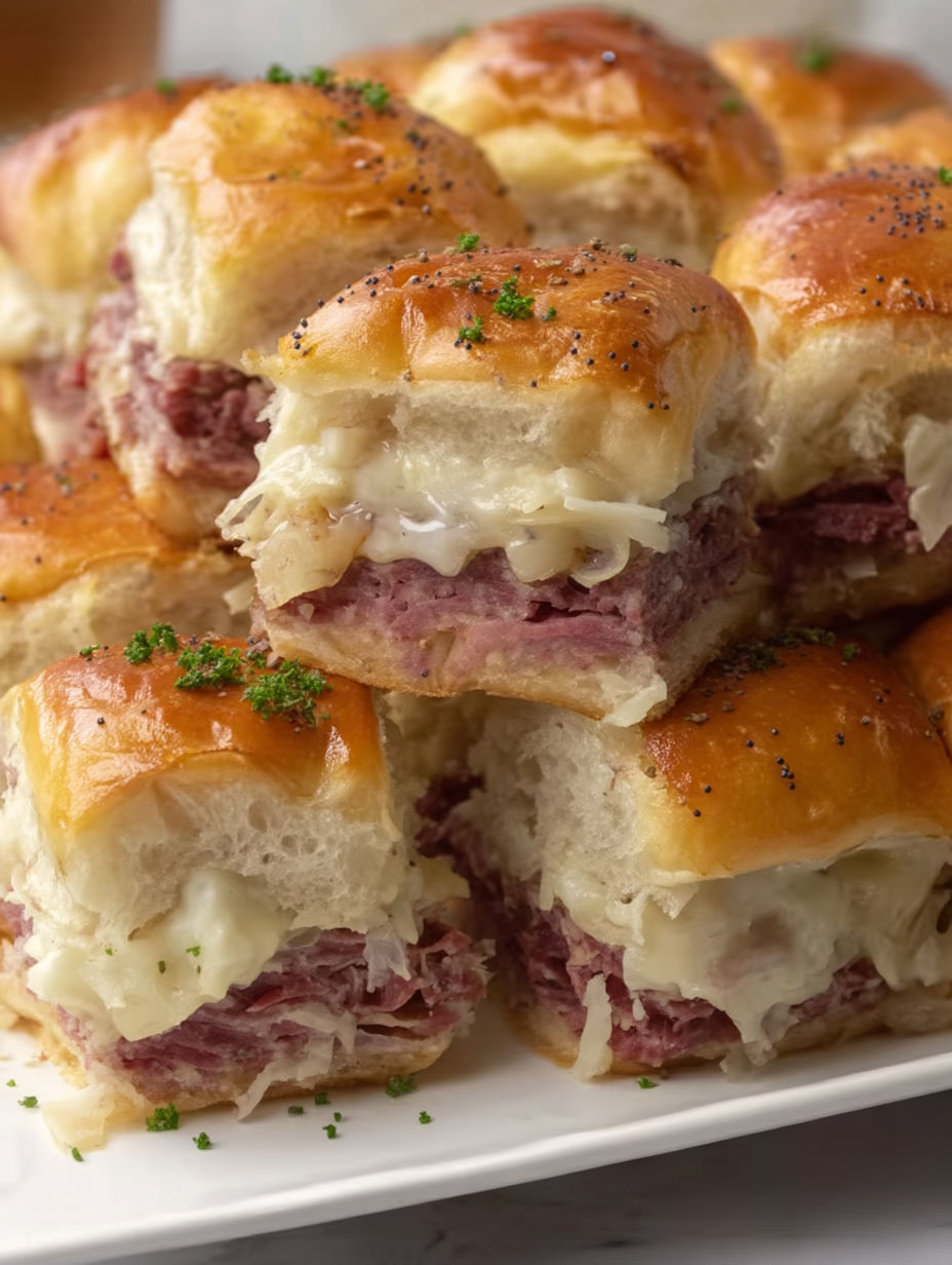 A plate of Reuben Corned Beef Sliders.
