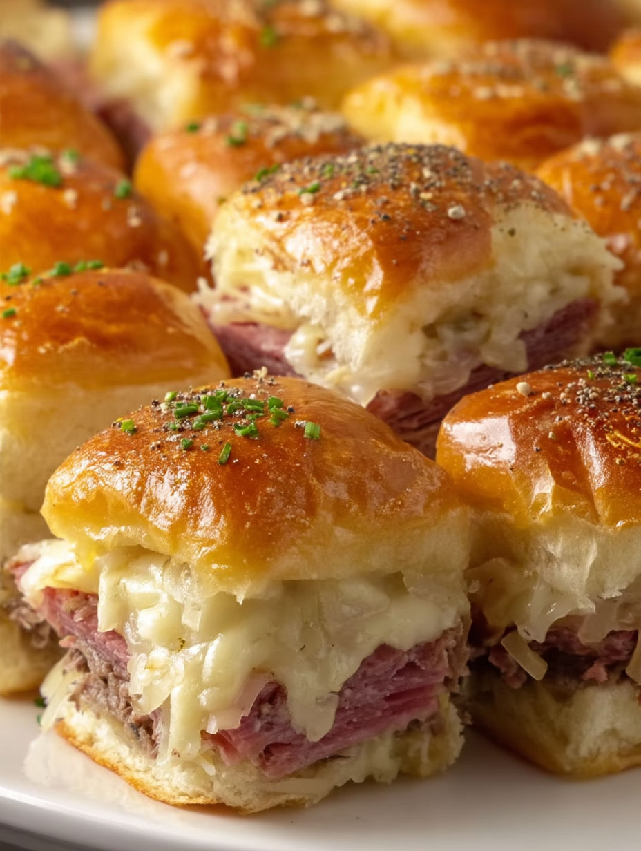 A plate of Reuben Corned Beef Sliders.