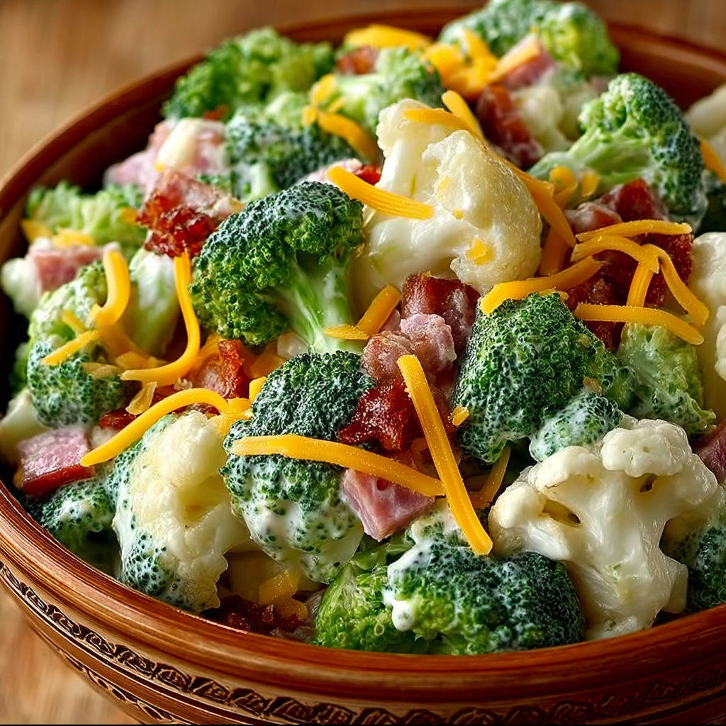 A bowl of broccoli and cauliflower salad with bacon.