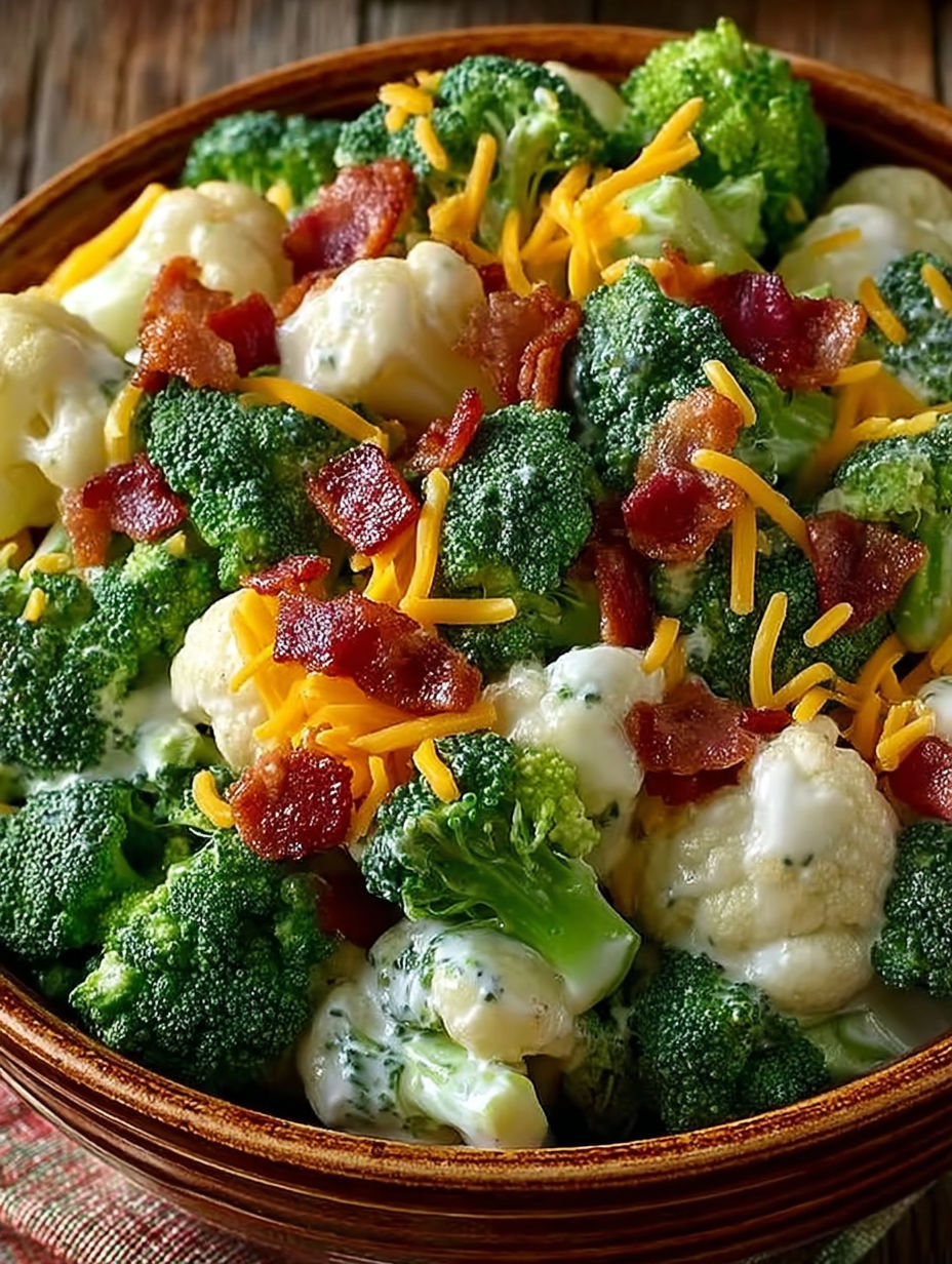 A bowl of broccoli and cauliflower with bacon.