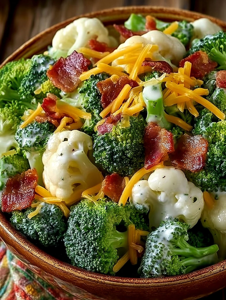 A bowl of broccoli and cauliflower with bacon bits on top.