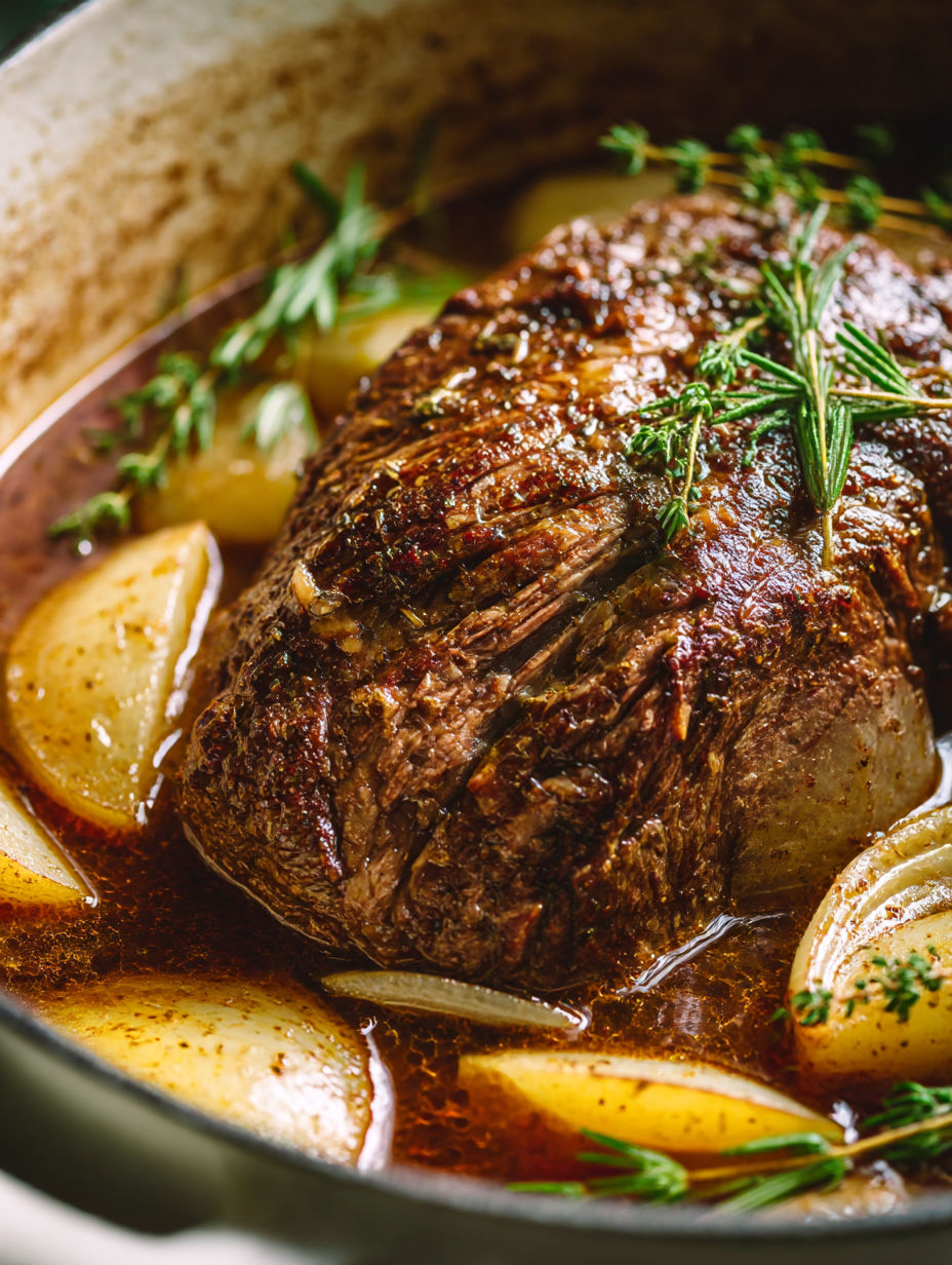 A close up of a roast beef dinner.