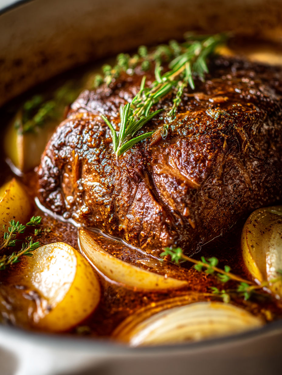 A close up of a roast beef dinner.
