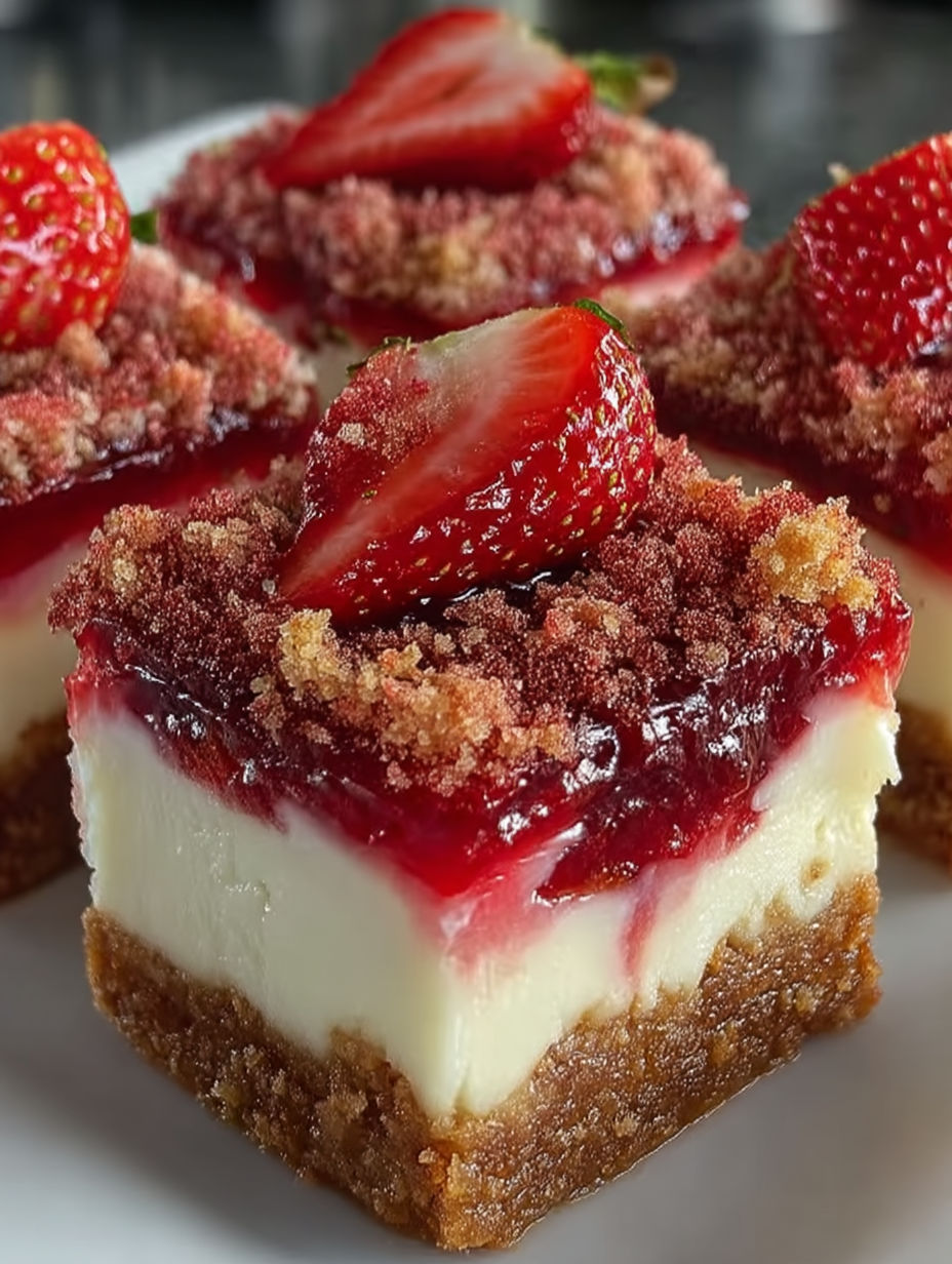 A close up of a strawberry crunch cheesecake bite.