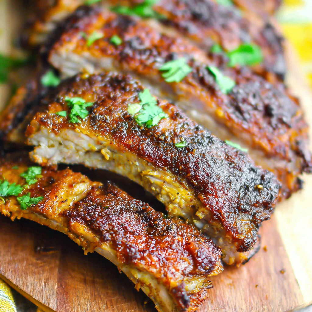 A close up of a pile of ribs on a wooden cutting board.