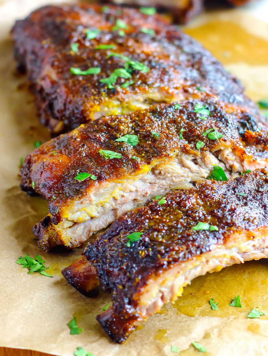 A close up of a pile of ribs on a grill.
