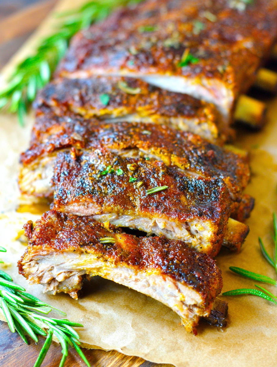 A close up of a pile of ribs on a grill.