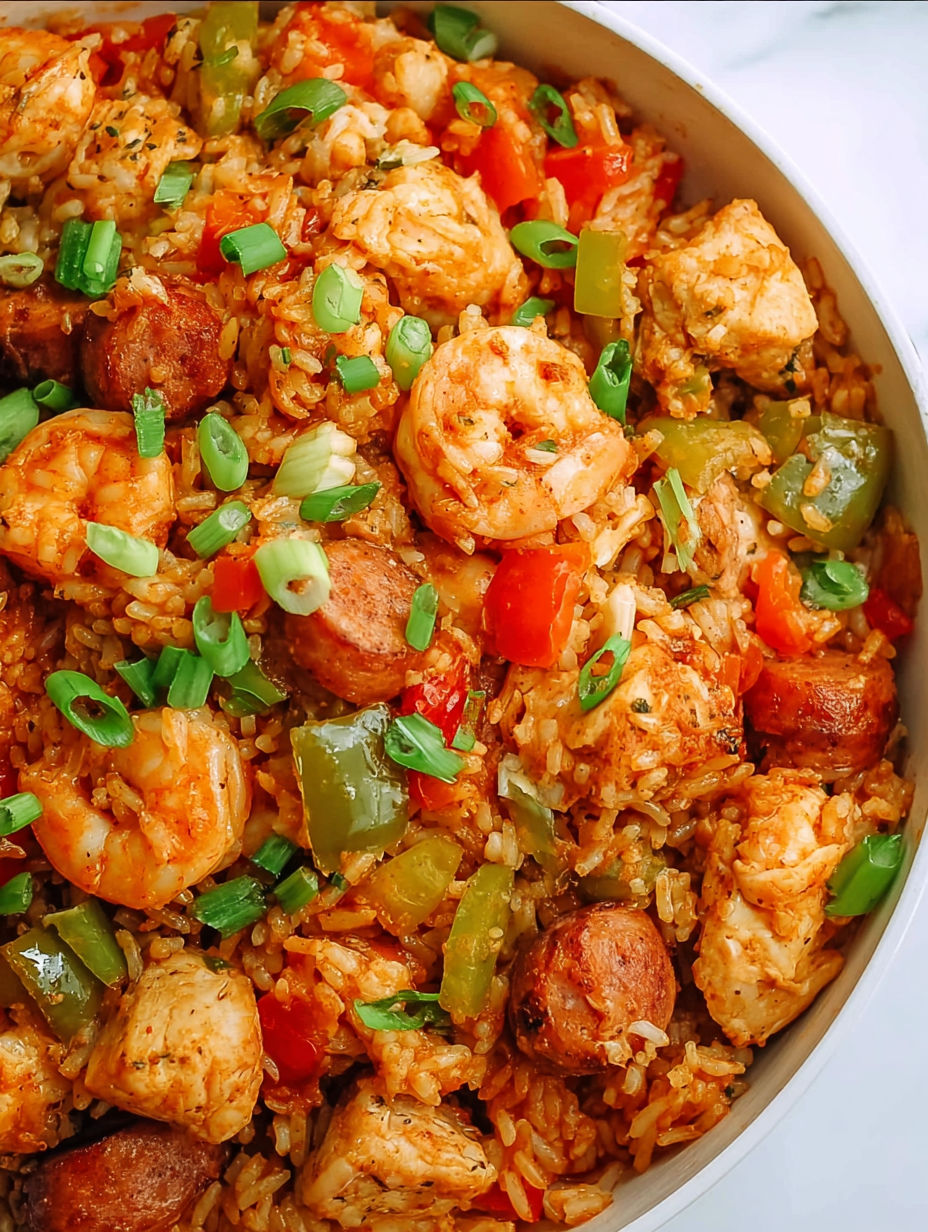 A bowl of jambalaya with rice, shrimp, and vegetables.