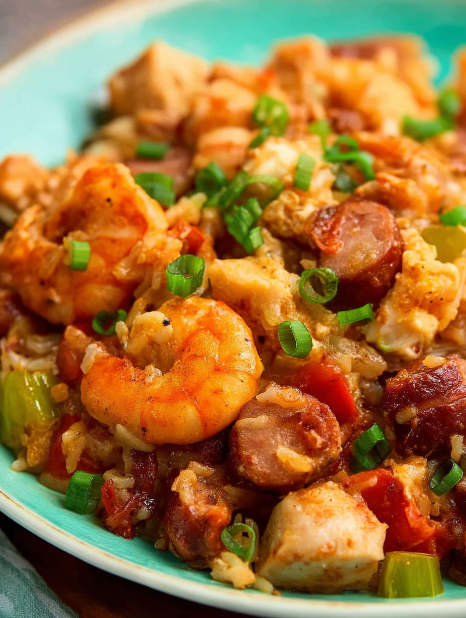 A plate of jambalaya with shrimp and sausage.
