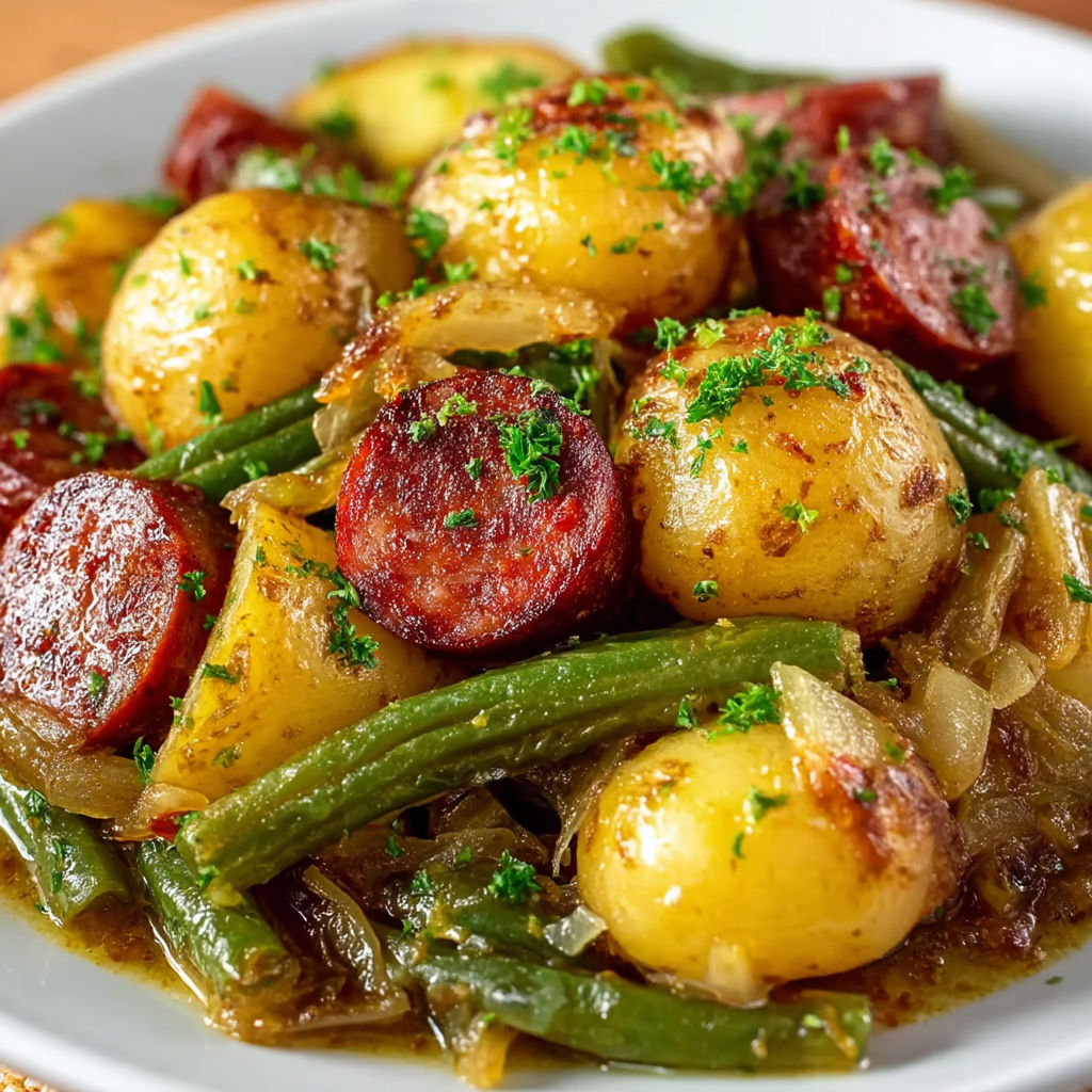 A plate of food with potatoes and green beans.