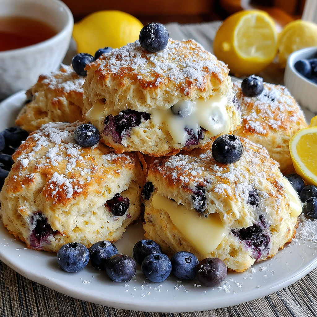 A plate of fluffy blueberry lemon scones.