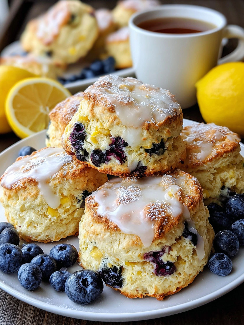A stack of fluffy blueberry lemon scones.