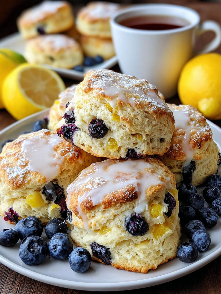 A plate of fluffy blueberry lemon scones.