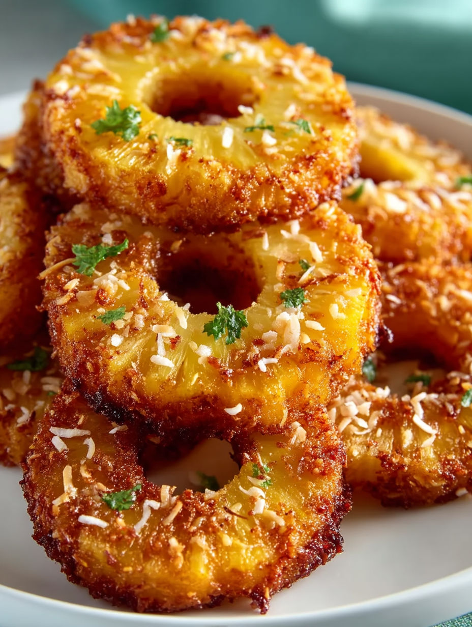 A plate of food with a pineapple ring on top.