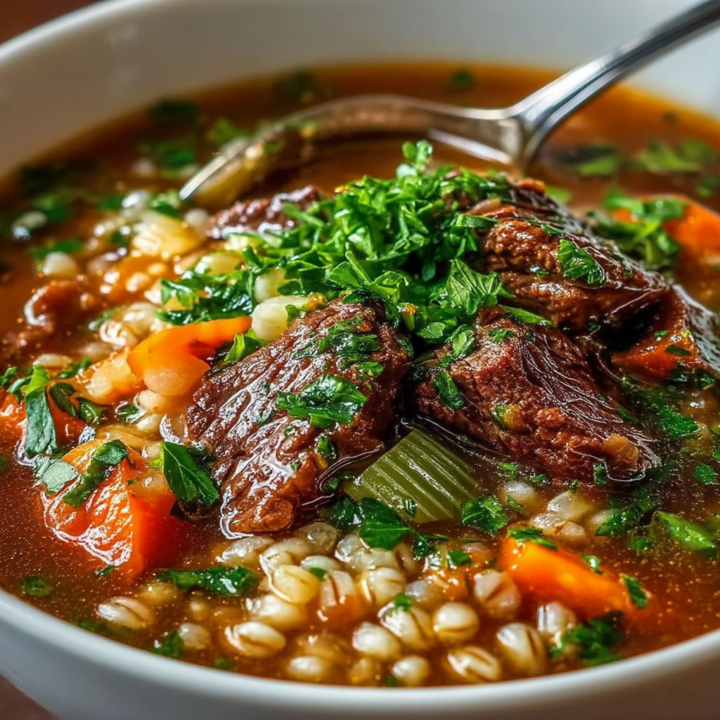 A bowl of beef barley soup with a spoon in it.