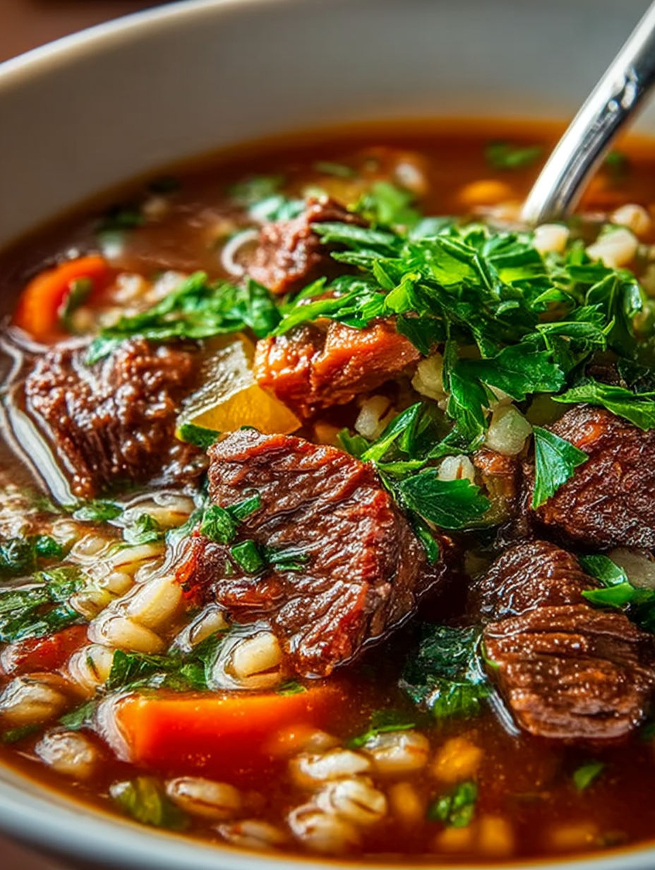 A bowl of beef barley soup with vegetables.