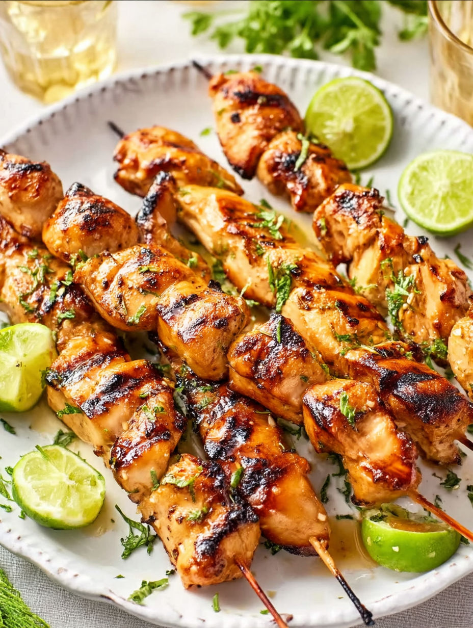 Grilled chicken skewers with lime and honey.