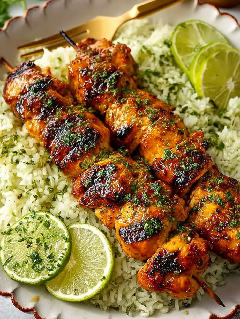 Grilled chicken skewers with rice and lime.