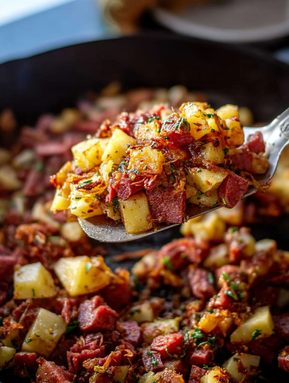 A spoon is in a pan of corned beef hash.
