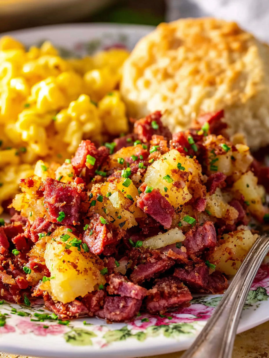 A plate of corned beef hash.
