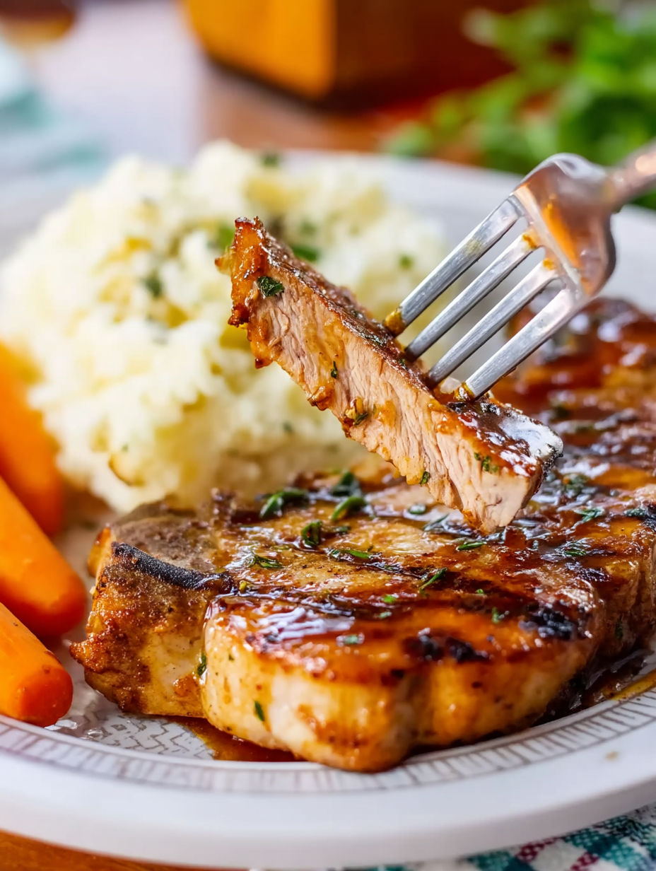 Grilled Balsamic Pork Chops with Mashed Potatoes and Carrots.