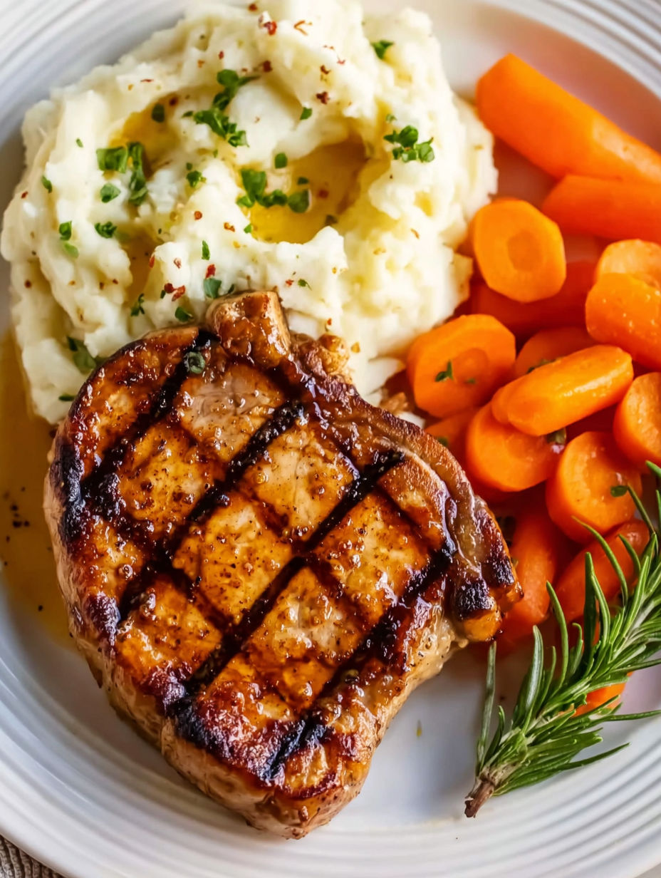 Grilled pork chops with carrots and potatoes.