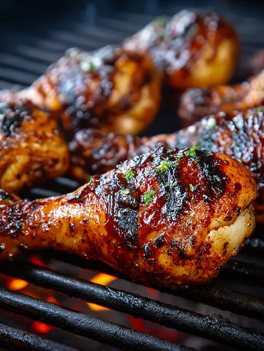 Grilled chicken legs with blackened skin.