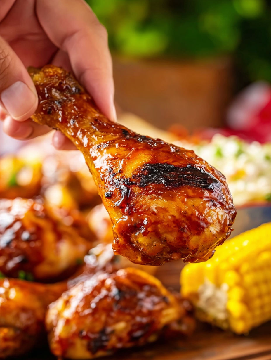 A person is holding a grilled chicken leg.