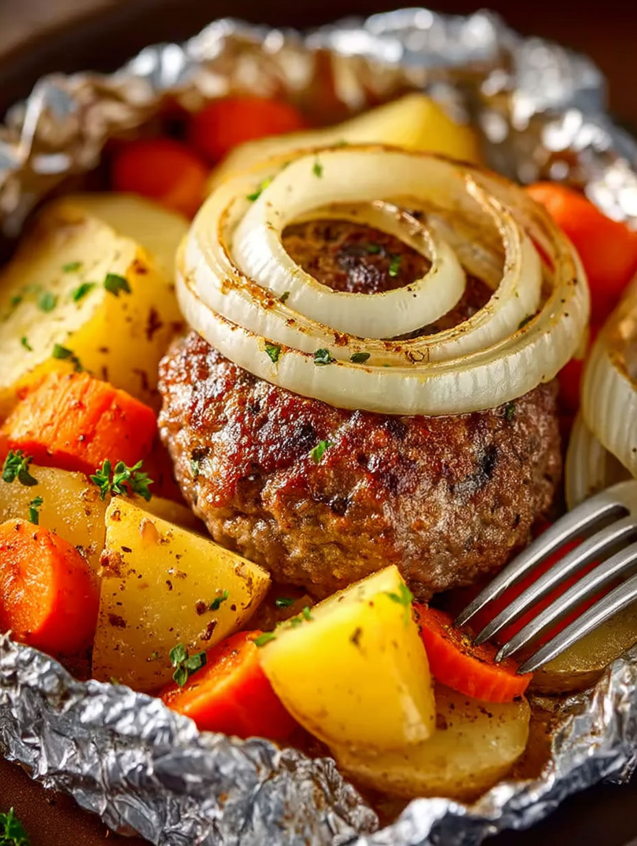 A hamburger with onions and carrots on top.