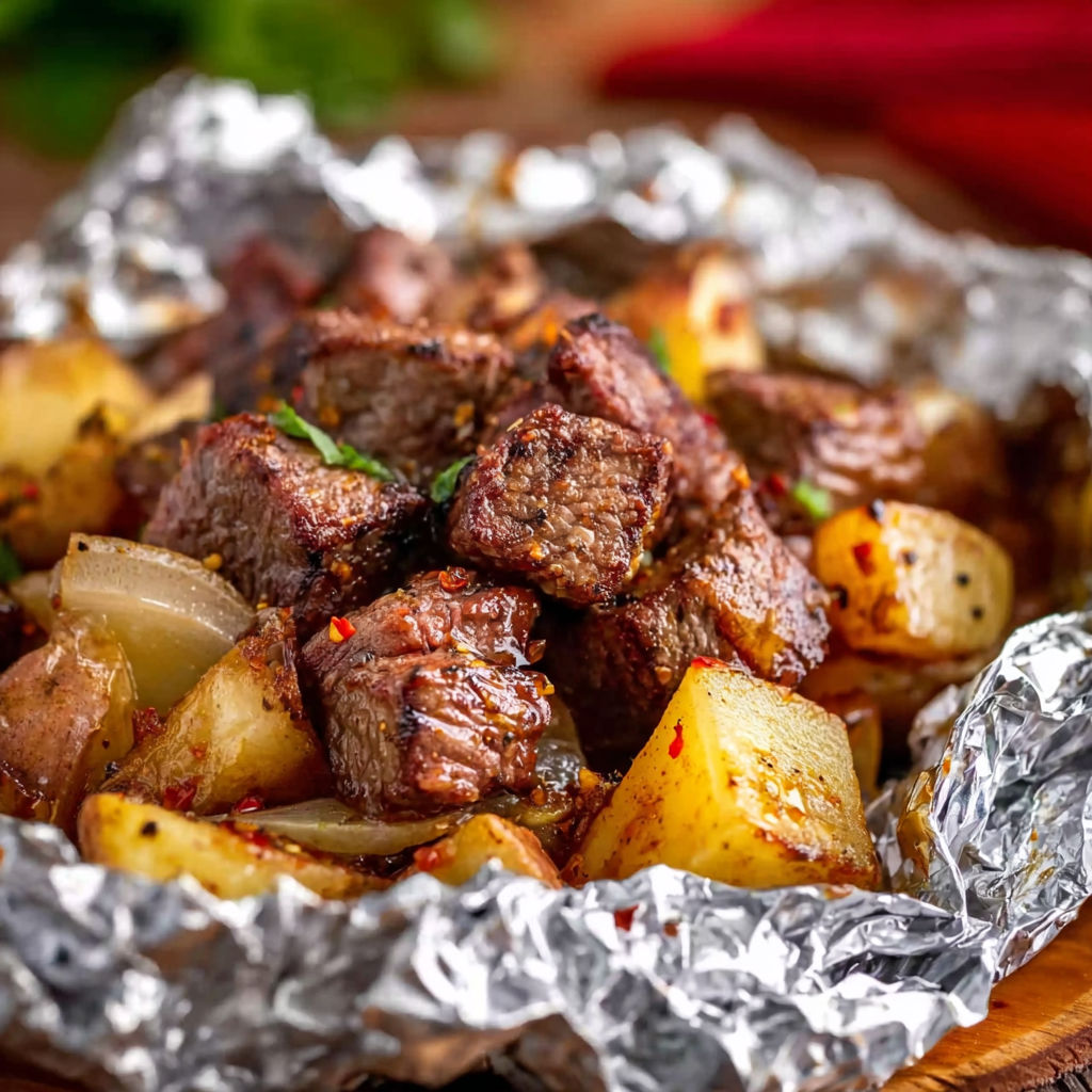 A close up of a grilled steak and potato packets.