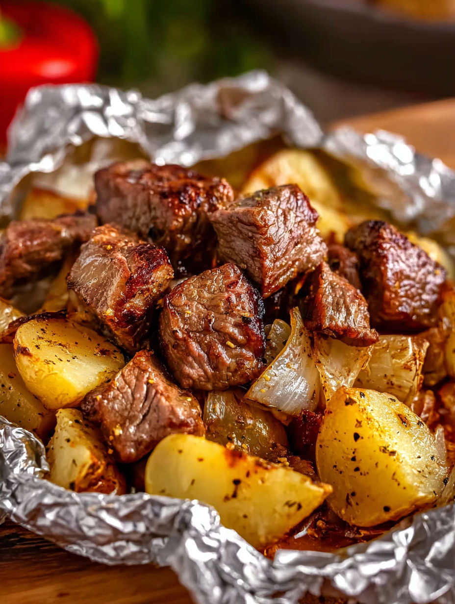 A close up of a grilled steak and potato packets.