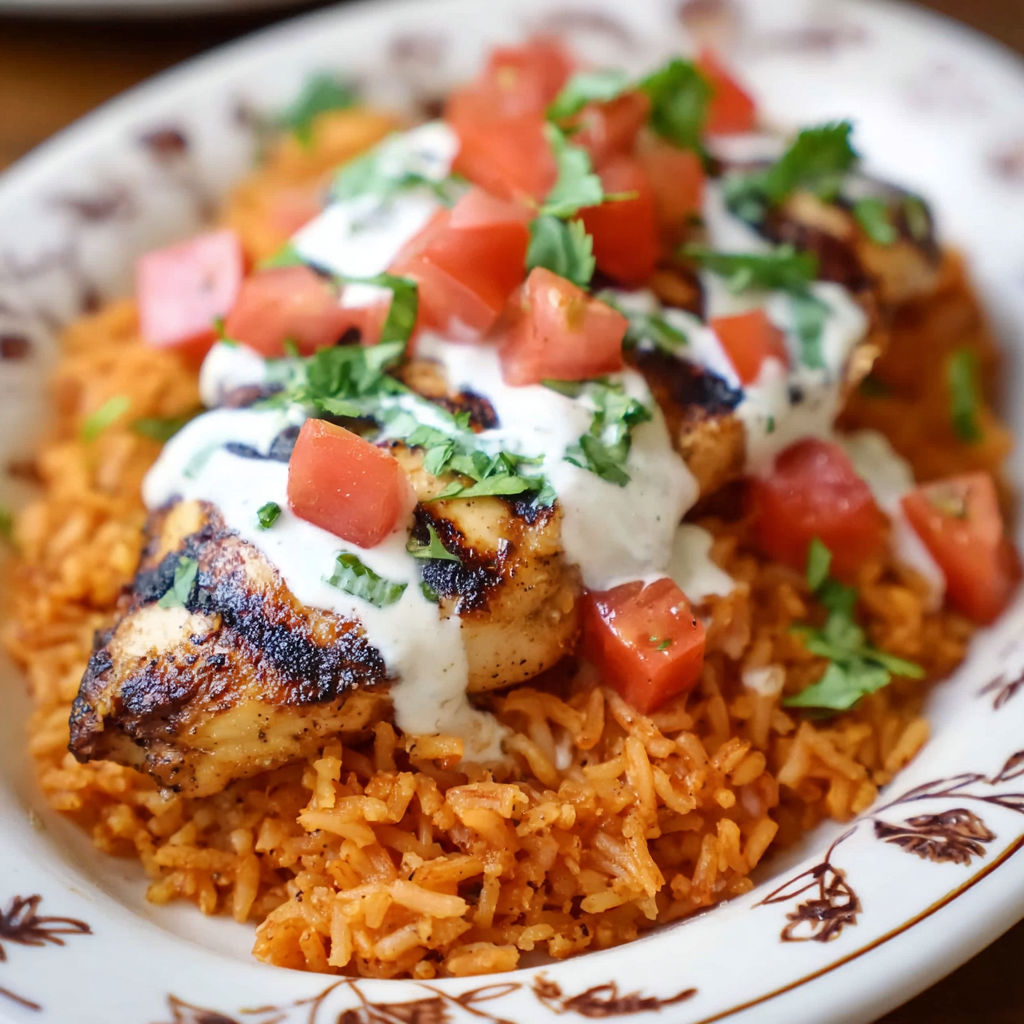 A plate of grilled chicken with tomatoes and sour cream.