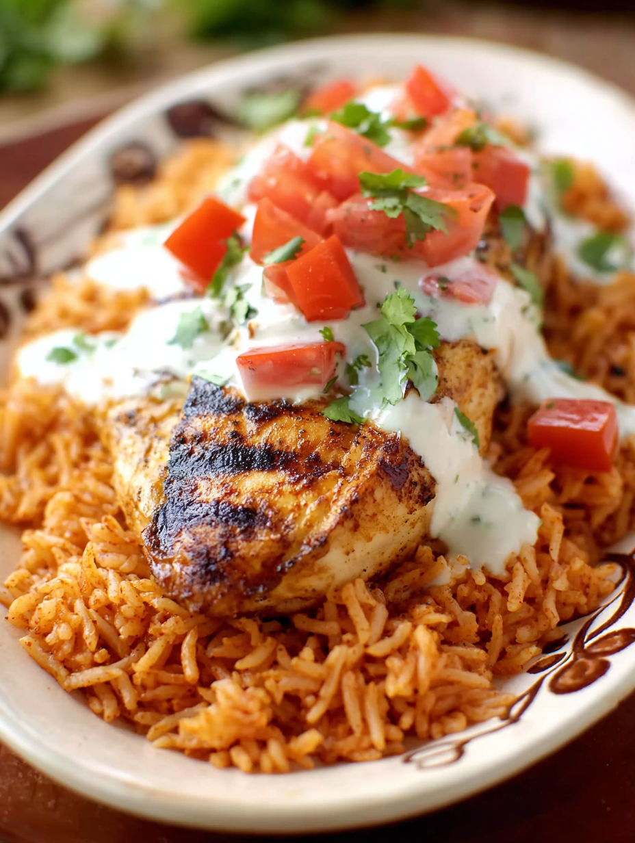A plate of grilled chicken with tomatoes and rice.