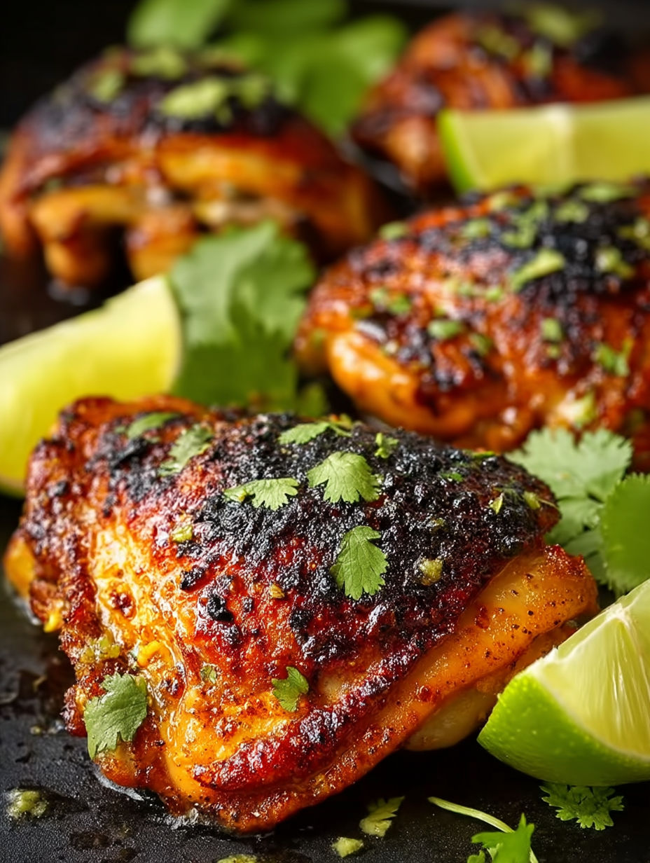 A plate of chicken with cilantro and lime.