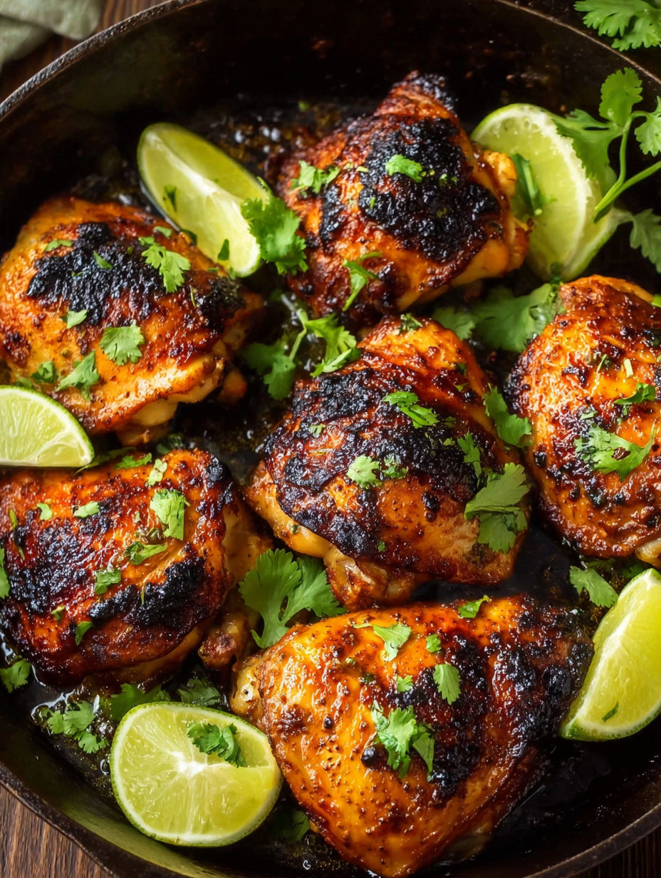 A bowl of chicken with lime and cilantro.