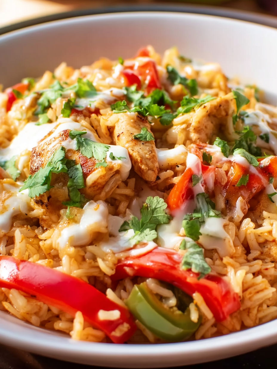 A dish of rice with chicken and peppers.