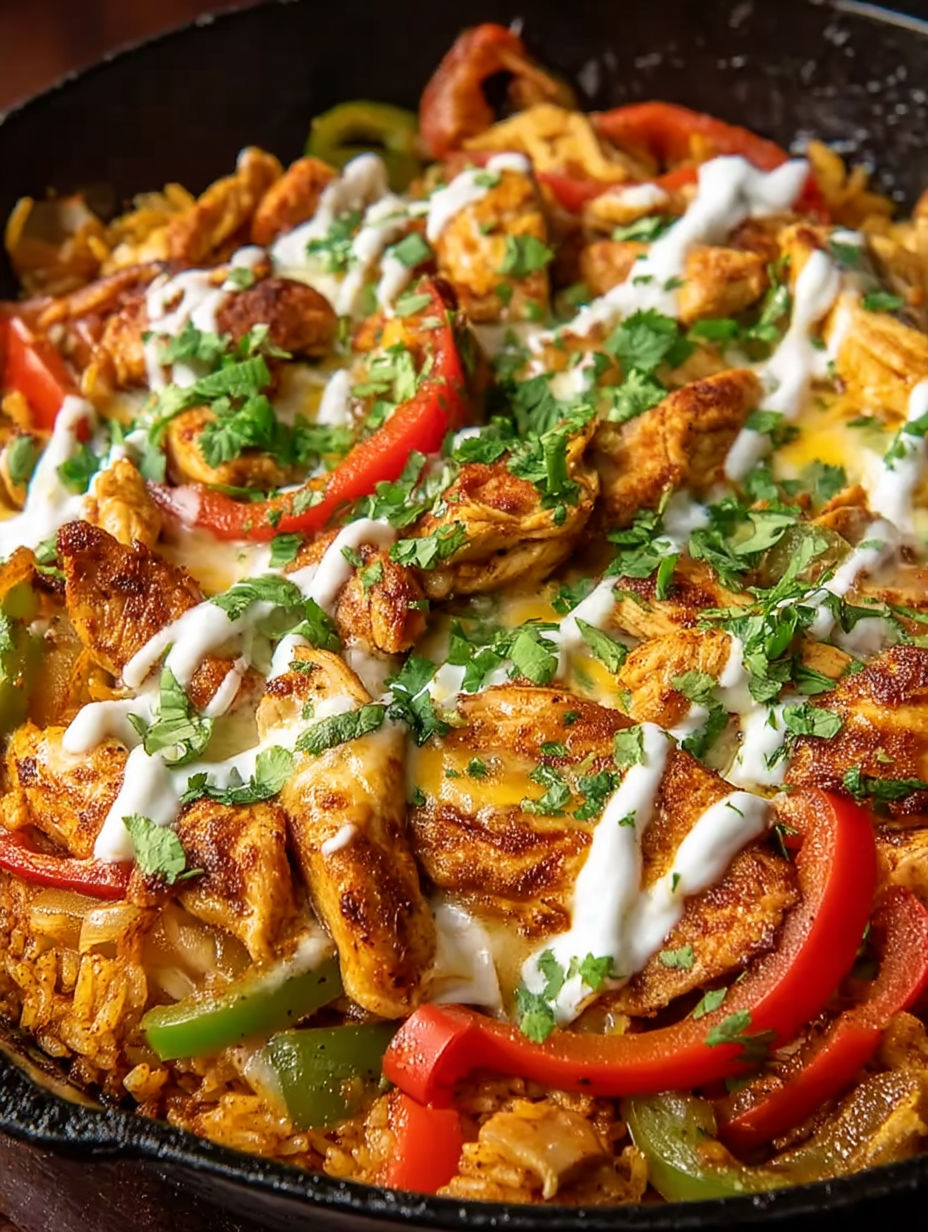 A dish of chicken and peppers with white sauce.
