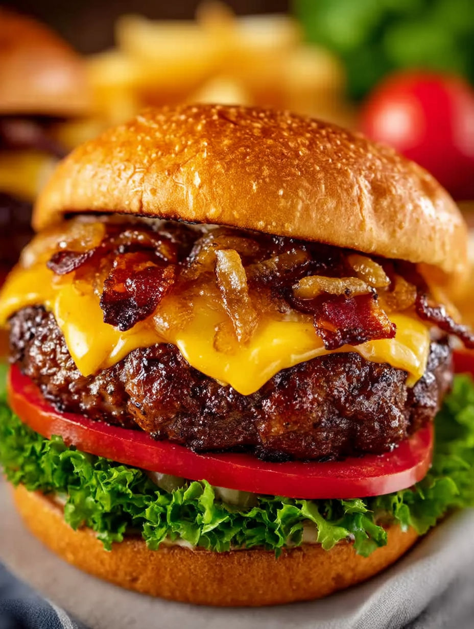 A close up of a grilled bacon cheeseburger.