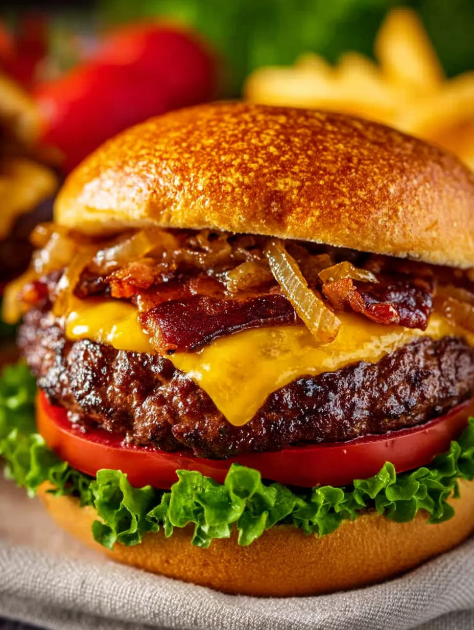 A close up of a grilled bacon cheeseburger.