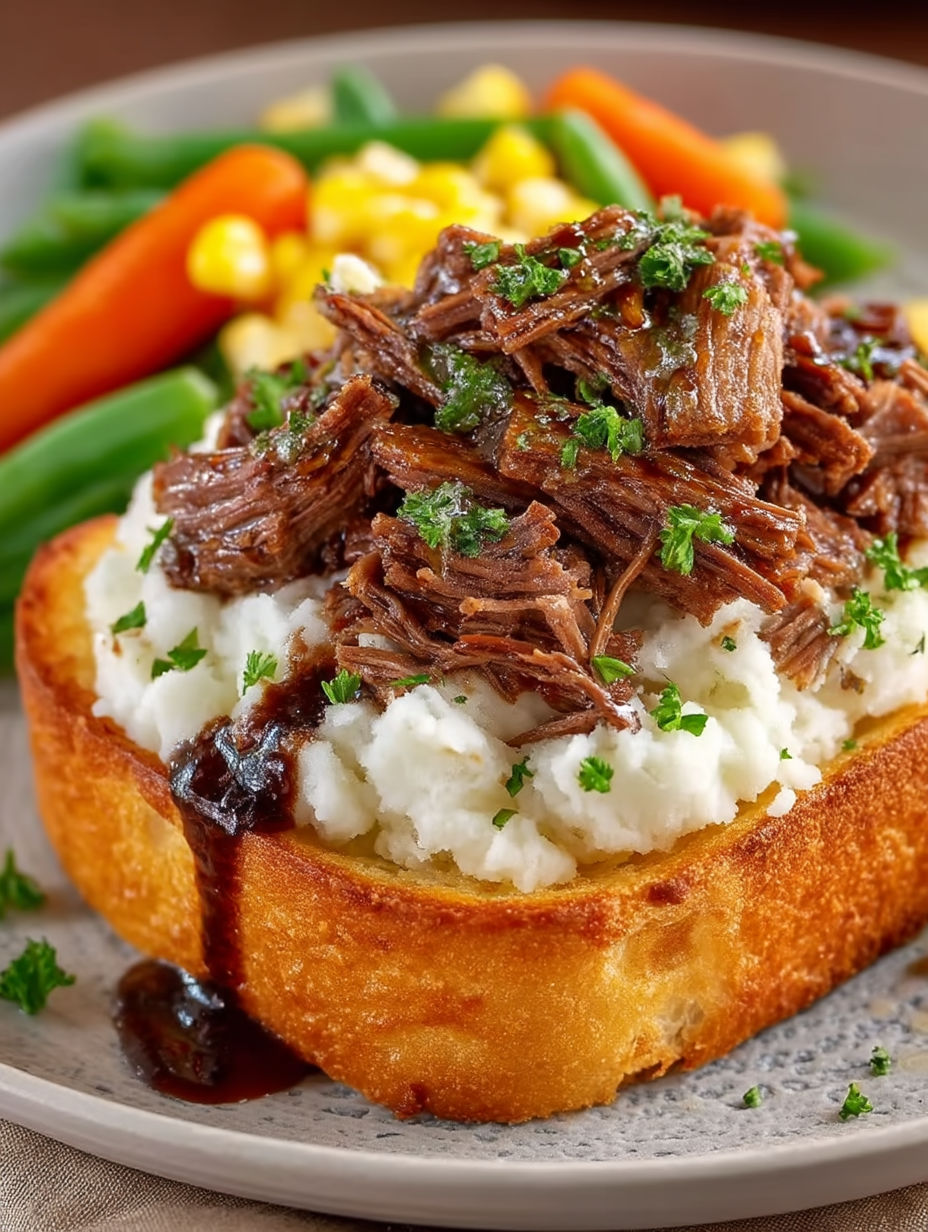 A plate of food with a beef manhattan on a crock pot.