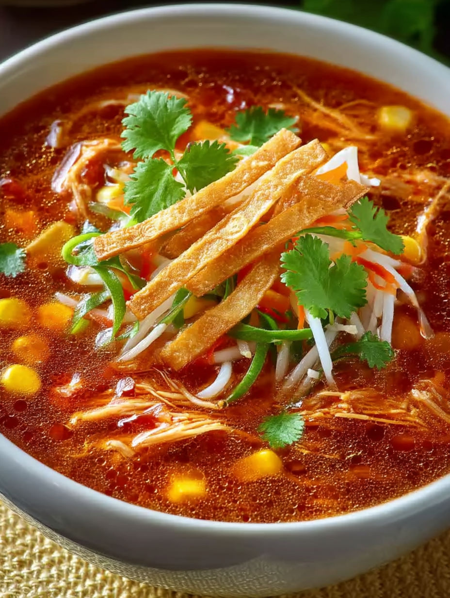 A bowl of soup with tortilla chips on top.