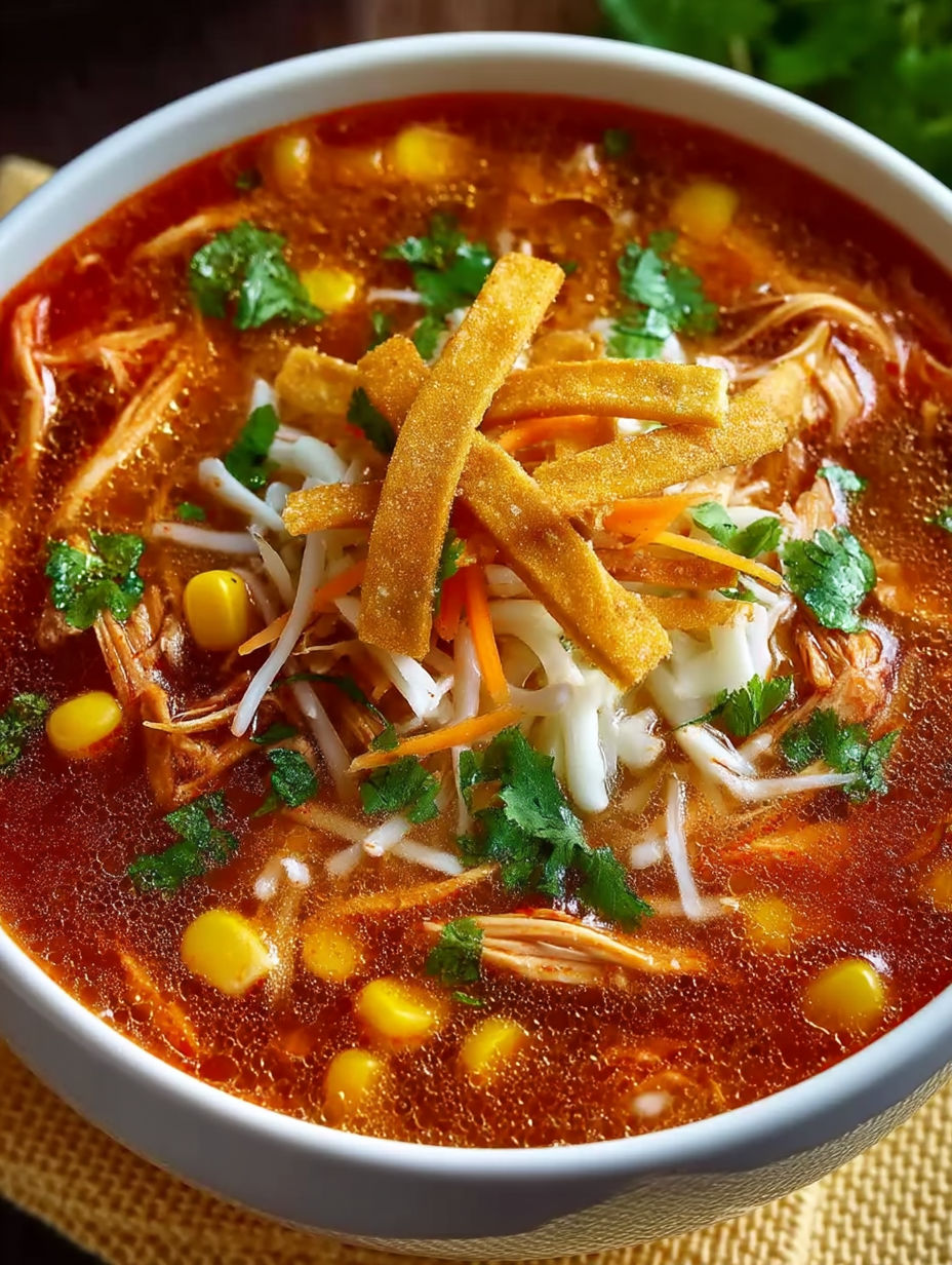 A bowl of chicken tortilla soup with tostada chips on top.