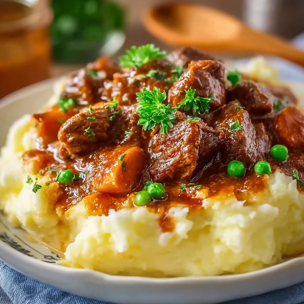 A plate of beef stew with peas and carrots.