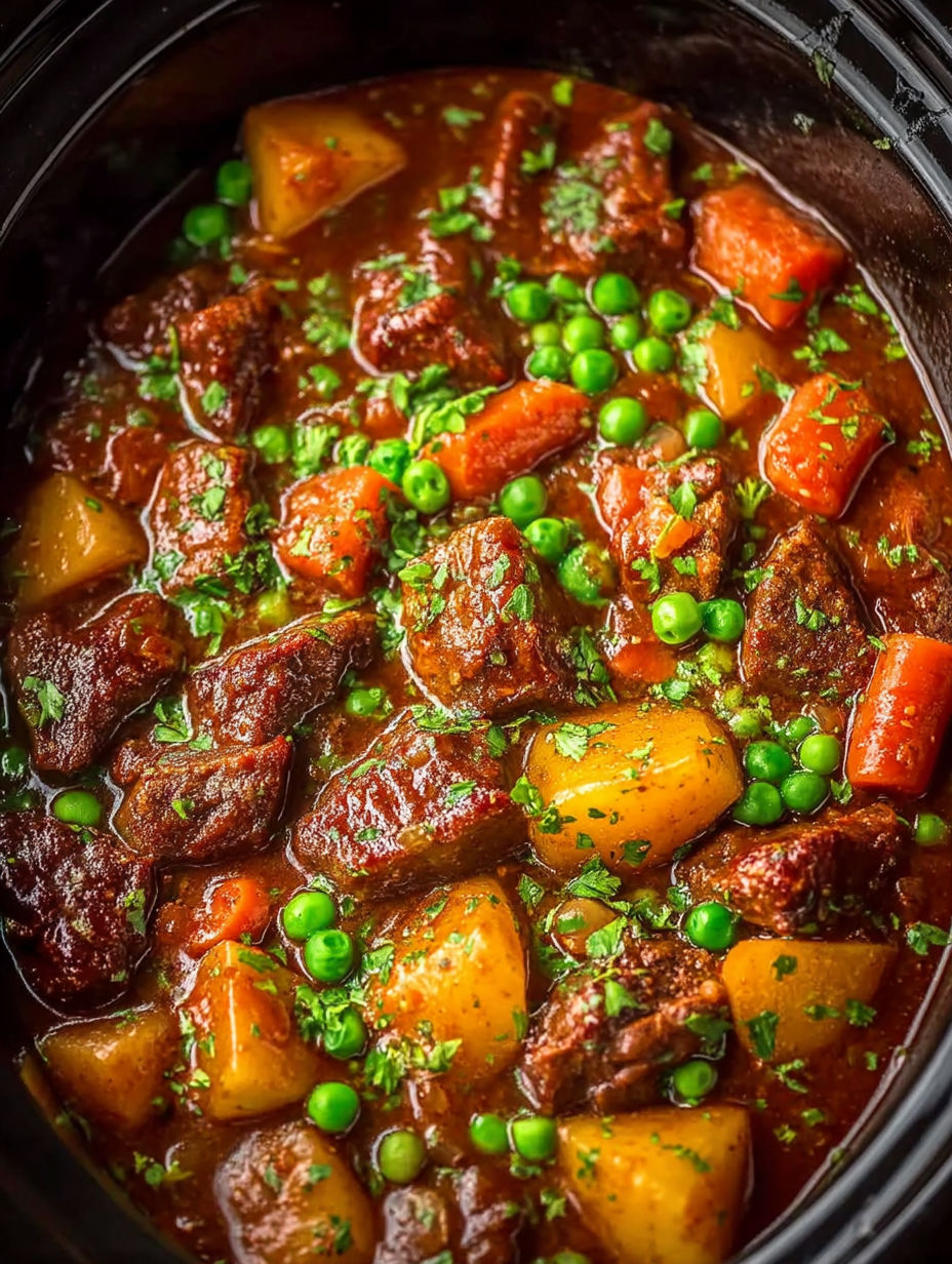 A crock pot full of beef stew.