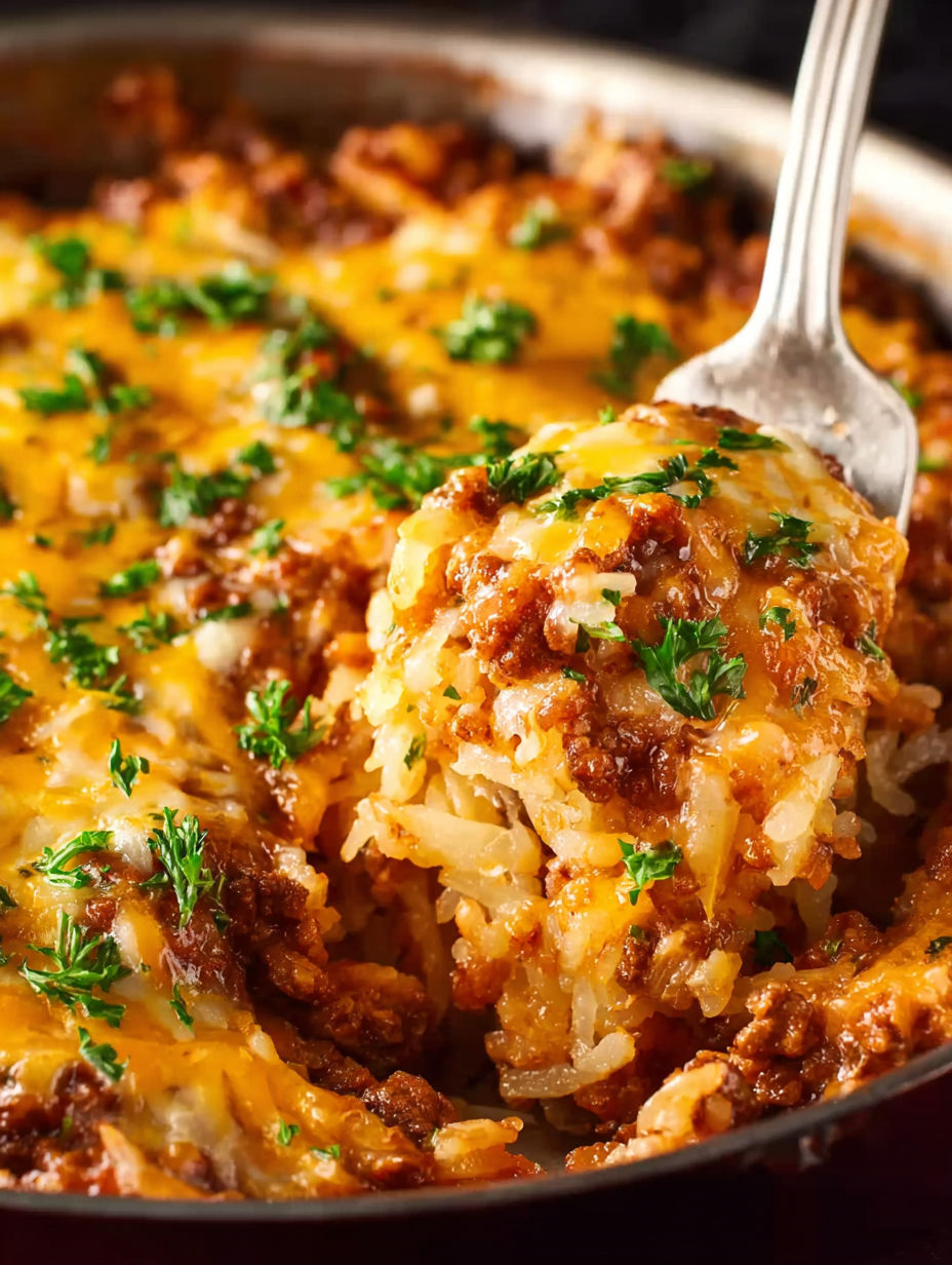 A close up of a delicious crock pot sloppy joe hash brown casserole.