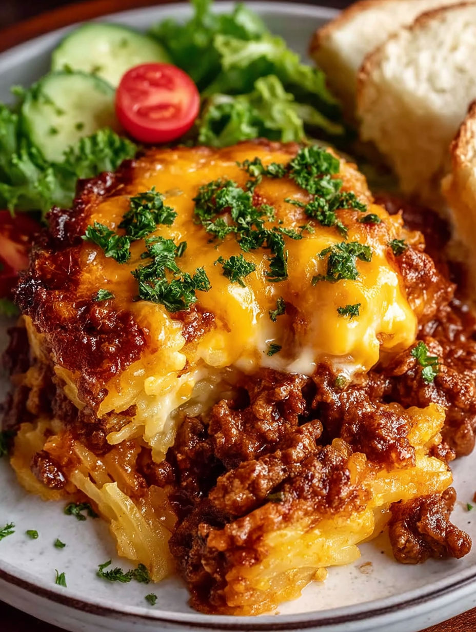 A delicious looking Sloppy Joe Hash Brown Casserole.