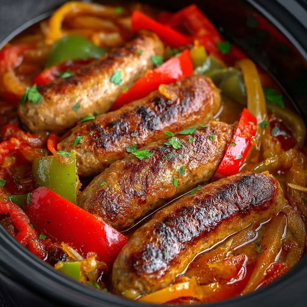 A crock pot filled with sausage and peppers.